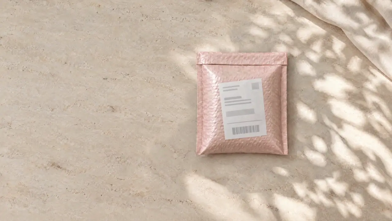 From above, on a travertine table in morning light: a blush pink padded mailer, sealed, with a plain white shipping label.