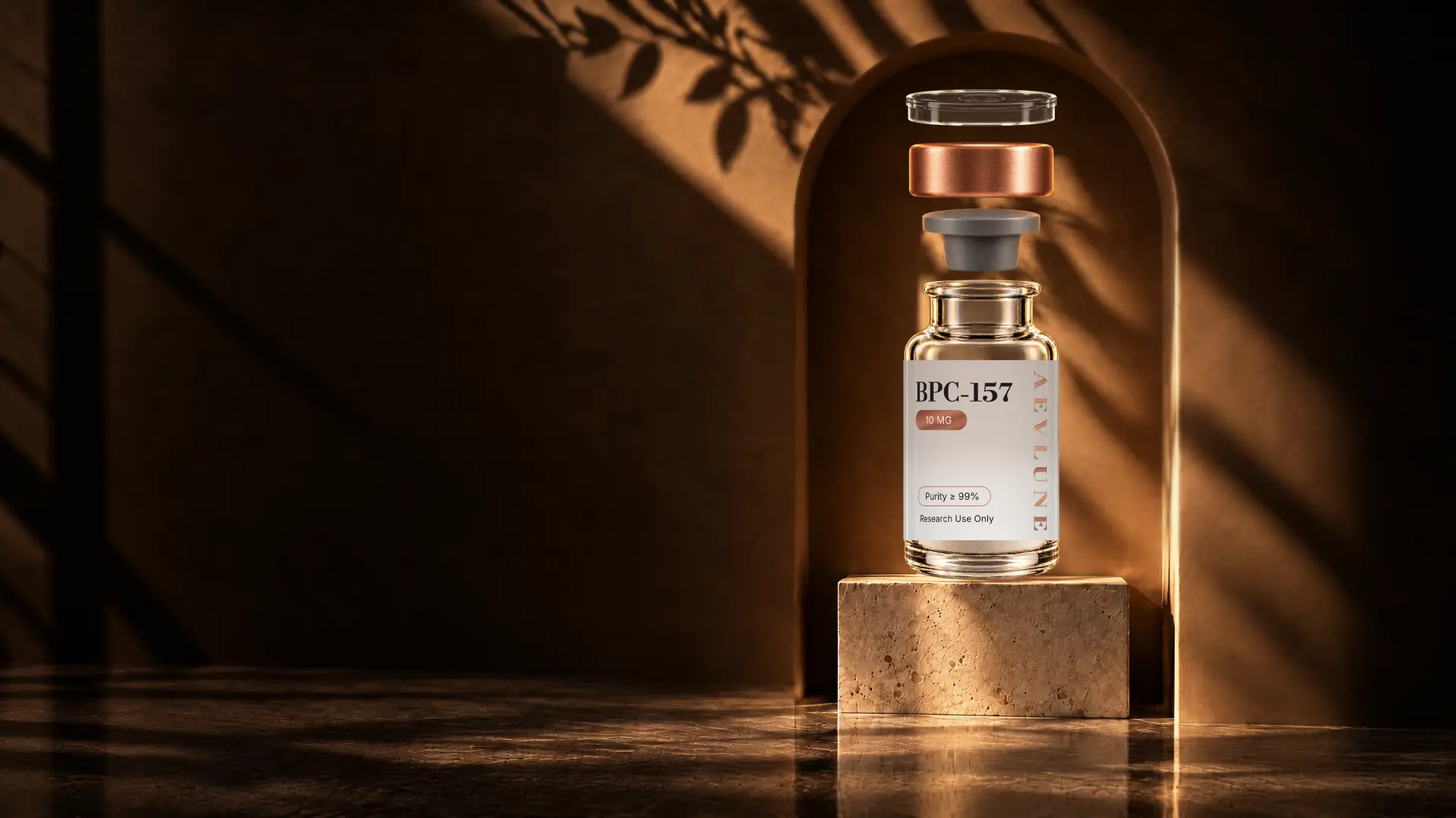 An Aevlune vial of BPC-157 taken apart on a travertine plinth in a plaster arch: a clear cap, a copper-toned cap, a grey stopper and the glass vial with its label.